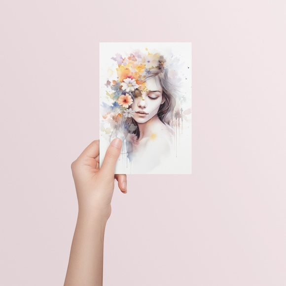 Watercolor Woman With Flowers Portrait Wall Art Illustration Print Unframed - Picture 5 of 5